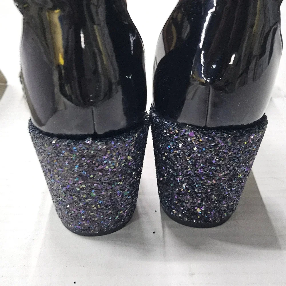 Marc Fisher Safia Black Patent Glitter Block Heel Sandals 8.5M‎ QMSAFIA NEW